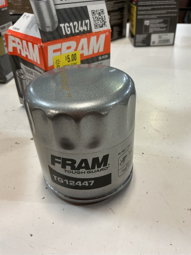 Condition photo showing Good Condition for fram tough guard replacement oil filter tg12447, designed for interval full-flow changes lasting up to 15k miles for select gmc, chevrolet, cadillac and buick model years
