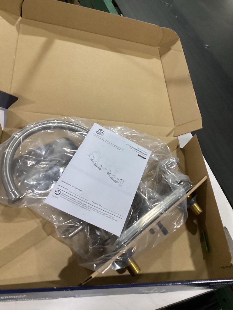 Condition photo showing New/Like New for project source brice stainless steel double handle kitchen faucet (deck plate and side spray included)