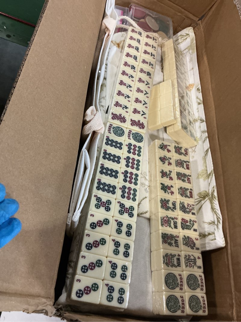 Condition photo showing Good Condition for american mahjong tiles set with noise reducing mahjong mat, 166 white mahjong game with portable storage bags, 4 all-in-one color rack/pushers, scoring, plastic coins dices for adults & beginners