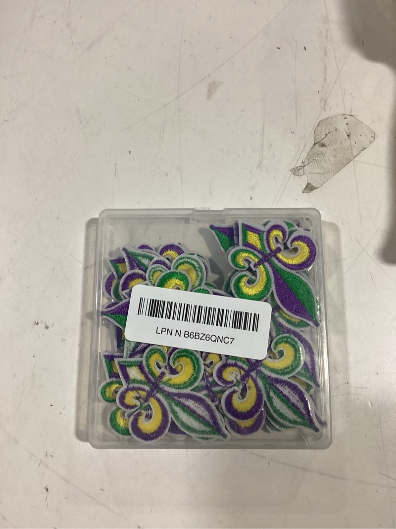 Condition photo showing As Is for augsun 30pcs mardi gras fleur de lis iron on patches embroidered sew applique repair patch mardi gras mystery mask diy crafts for clothing jacket jeans pants dress backpack hat decorations