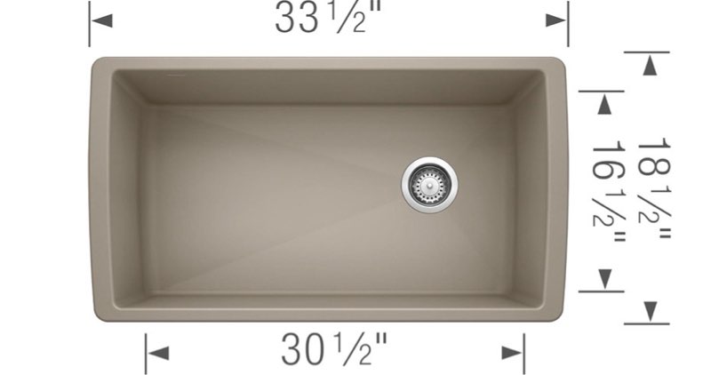 Condition photo showing New/Like New for blanco, trufle 441765 diamond silgranit super single undermount kitchen sink, 33.5" x 18.5" truffle
