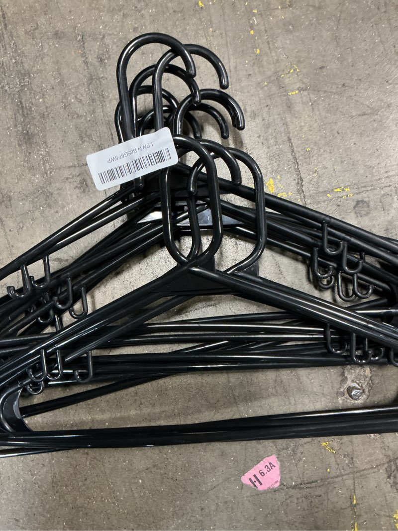 Condition photo showing As Is for house day black plastic hangers 50 pack, plastic clothes hangers with built-in hooks, durable and strong plastic coat hangers for closet, space saving clothing hanger for shirts, coats, skirt, dress 50 pack black
