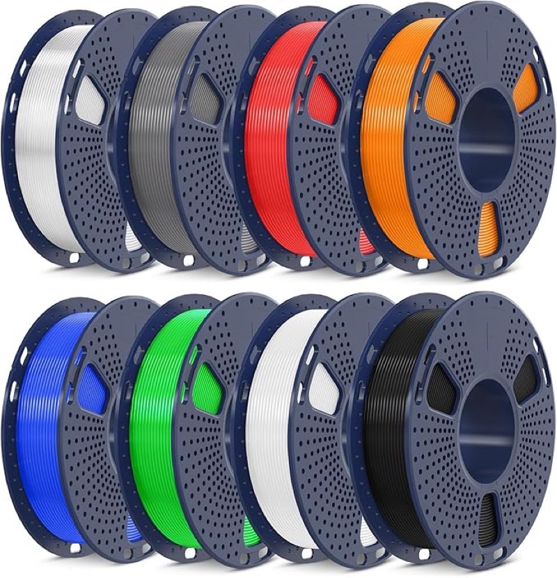 SUNLU PLA Multicolour 3D Printer Filament, 8 Packs PLA Filament 1.75 mm for 3D Printers, 3D Printer Filament 250G Spool (Black+White+Grey+Transparent+Red+Blue+Orange+Green)