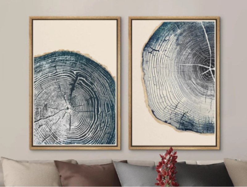 navy blue wood tree ring simple minimalist modern artwork framed canvas 2 pieces print wall art 36”x48” (frame color may vary ours are white)
