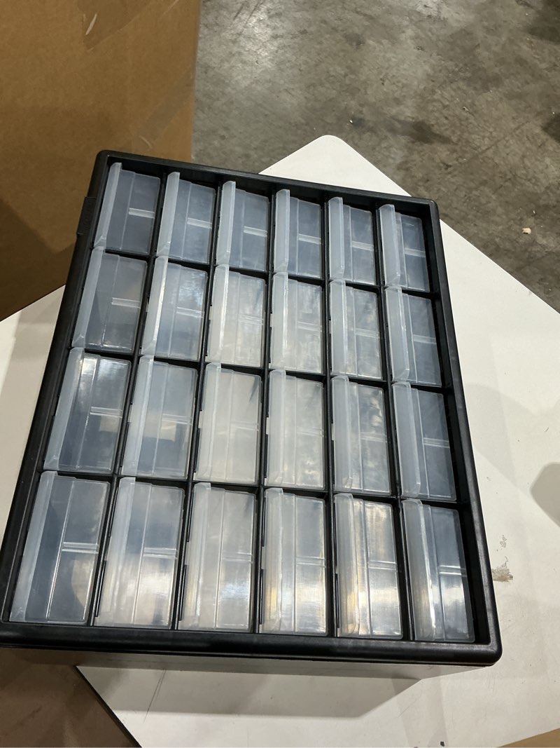 Condition photo showing Good Condition for akro-mils 24-drawer plastic drawer storage cabinet for garage organization, bead organizer, building bricks storage, teacher toolbox, makeup organizer, 20" w x 6" d x 16" h, 10724 black 24 drawer