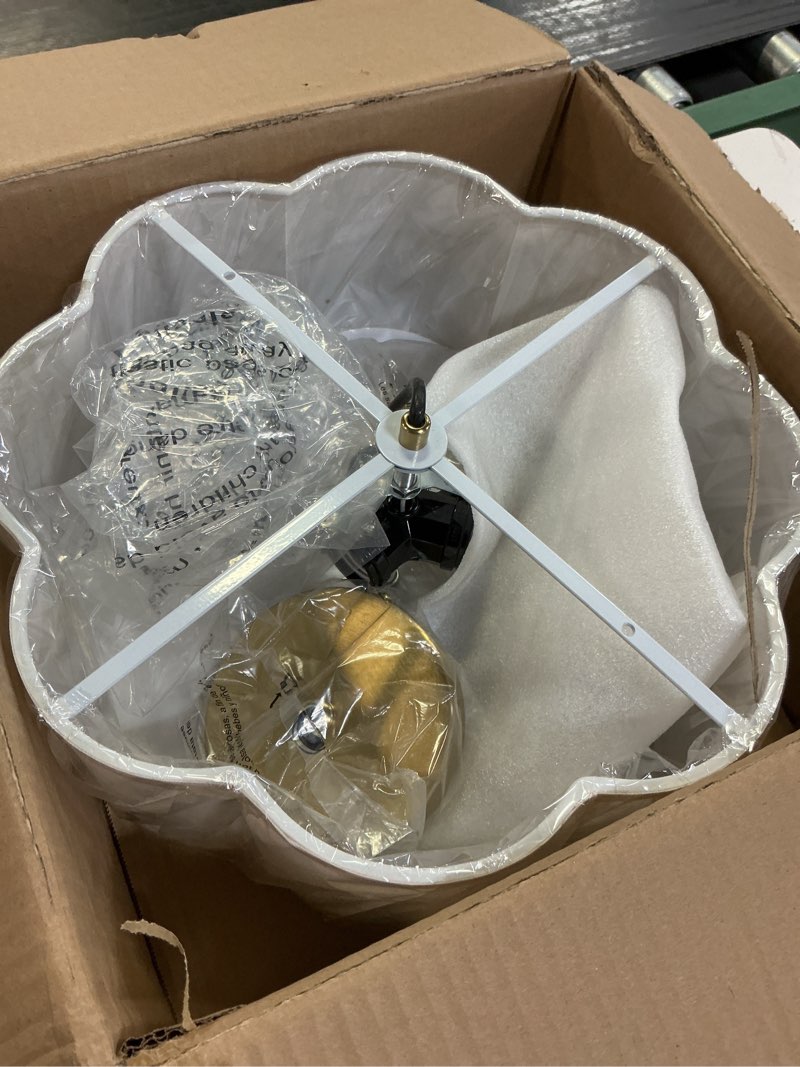 Condition photo showing Good Condition for CALOKES Semi Flush Mount Ceiling Light, 11.8" Modern 3-Light Fixture with Petal-Shaped Cream Beige Linen Shade and Golden Support Arm, Ideal for Bedroom, Kitchen, Living Room, Hallway, and Entryway Scalloped-Beige