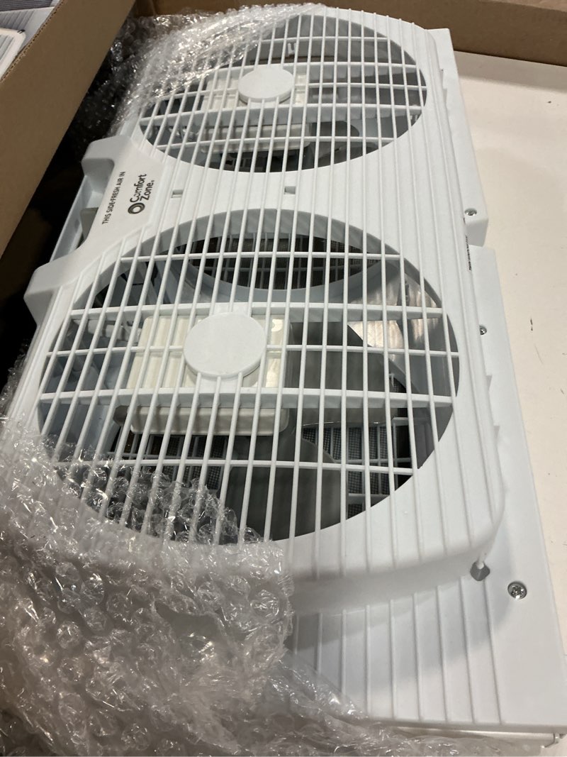 Condition photo showing Good Condition for comfort zone 9-inch 3-speed reversible twin window fan – dual blade window exhaust fan with auto-locking expanders, 22.25" to 33" wide – tabletop feet & removable bug screen included white 9 inch (3-speed)