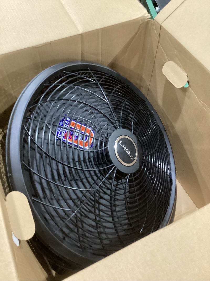 Condition photo showing As Is for lasko oscillating cyclone pedestal fan, adjustable height, timer, remote control, 3 speeds, for bedroom, living room, home office, 18\", black, 1843, not tested, similar to stock photo