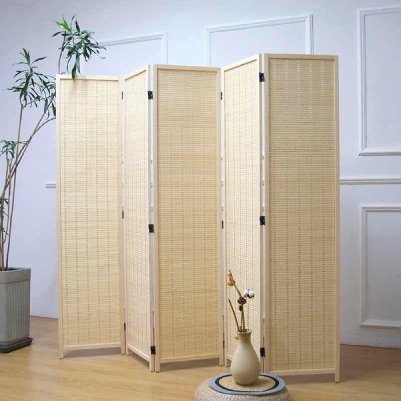 furnnylane 5 panel room divider and folding panel screen,bamboo panel divider screen for room separation,beige,67" h x 76.75" w