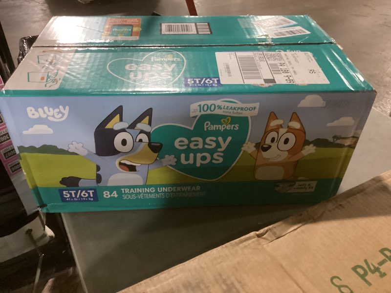 Condition photo showing As Is for pampers training pants - easy ups boys & girls bluey - size 5t-6t, 84 count, children's potty underwear (packaging may vary) 5t-6t 84