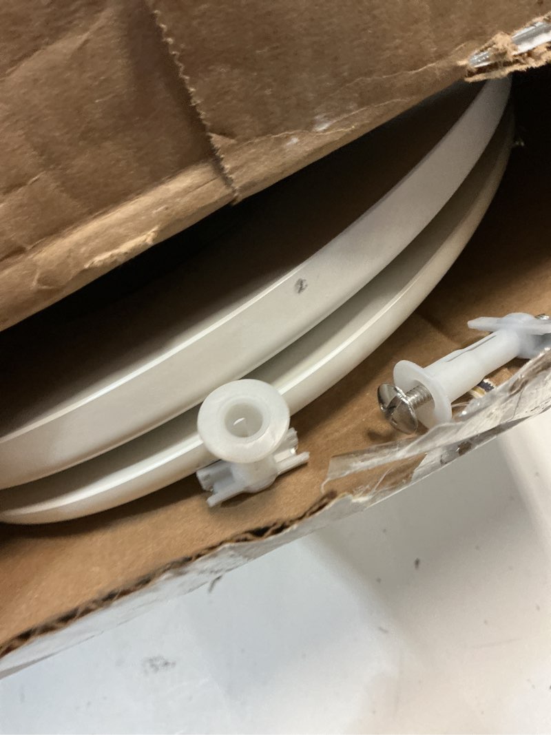 Condition photo showing As Is for kohler 4647-hw1 stonewood toilet seat elongated,wood toilet seat, elongated toilet seat for standard toilets, toilet lid, honed white honed white elongated