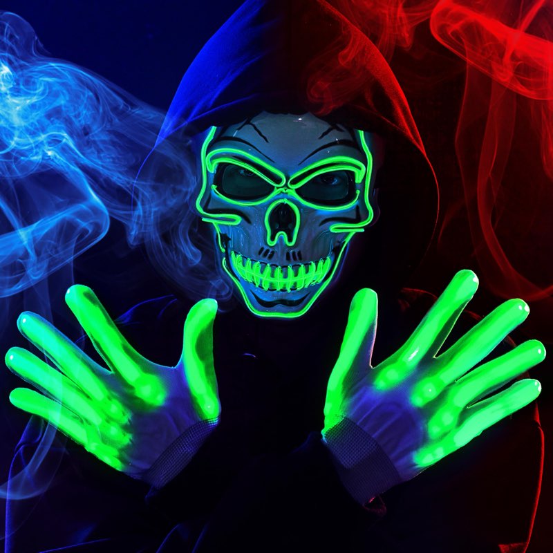JOYIN Halloween LED Skull Mask with Light Up Gloves, Green LED Light up Skeleton and Scary Glow in T