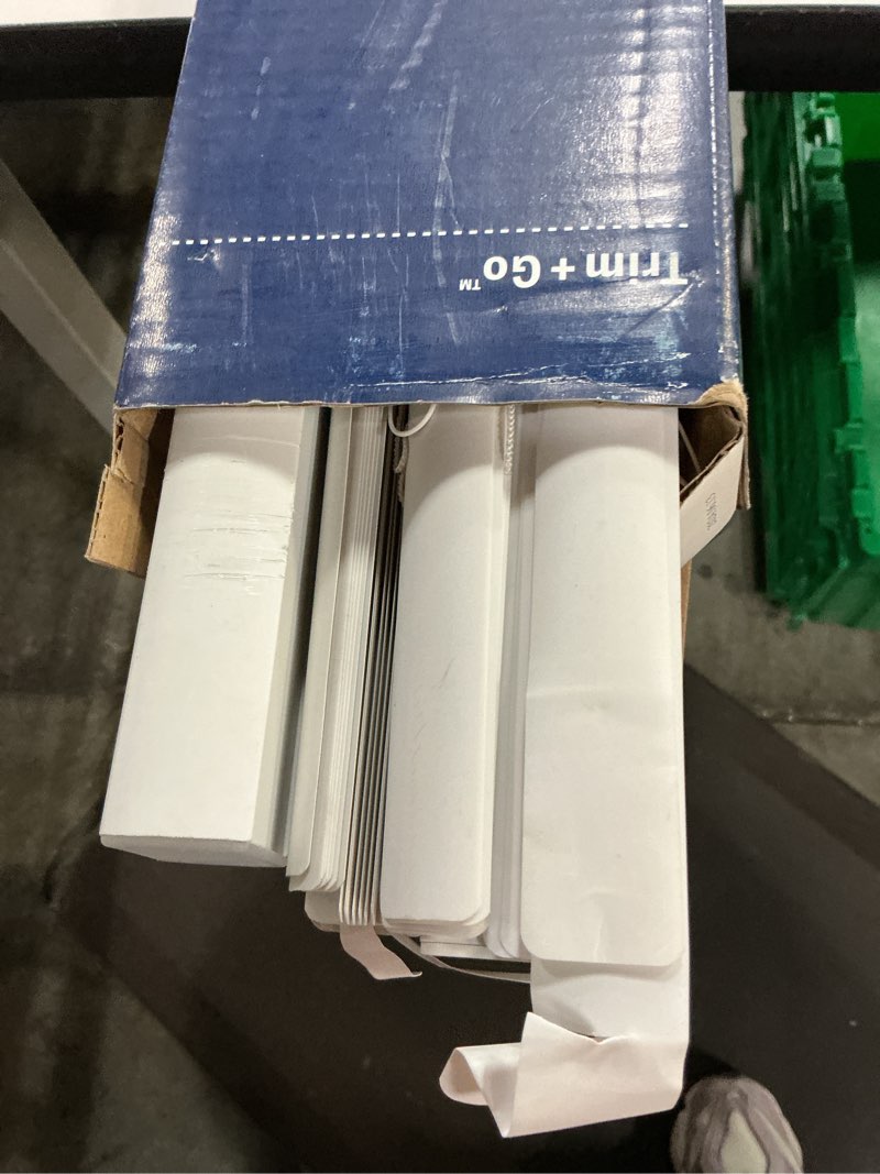 Condition photo showing As Is for  levolor trim+go 1-in slat width 58-in x 64-in cordless white vinyl room darkening mini-blinds
