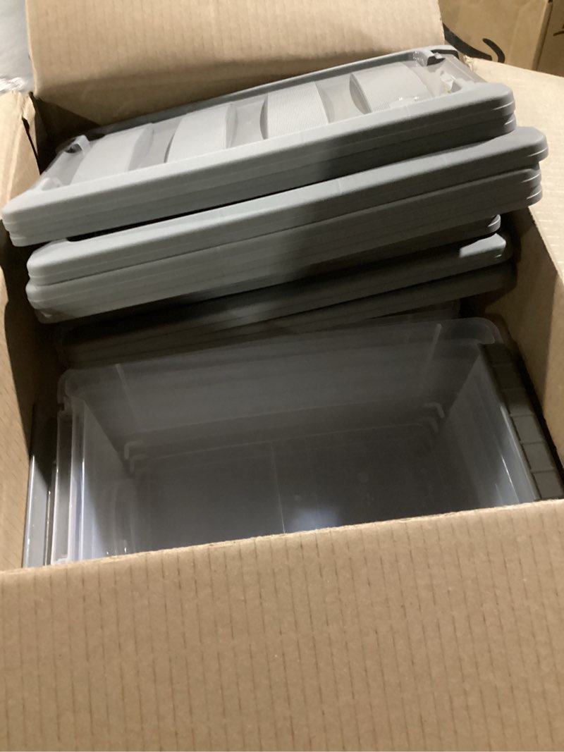 Condition photo showing As Is for Amazon Basics Plastic Storage Containers with Secure Latching Lids, Stackable Organization Bins for Organizing, Clear/Grey, 5 Quart, Set of 10 5 Qt. - 10 Pack