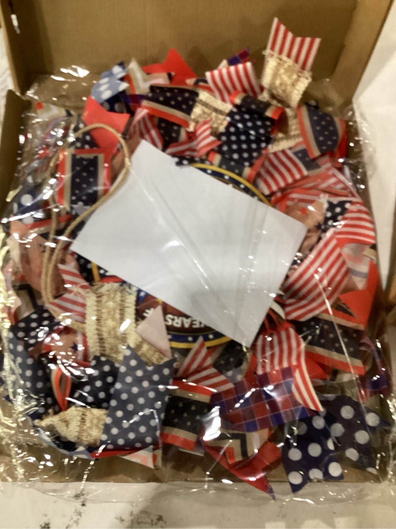 Condition photo showing New/Like New for 250th anniversary patriotic wreath - 18 inch front door decor with wooden eagle pattern & red white blue ribbon (glued on fabric base), handcrafted for 4th of july independence day
