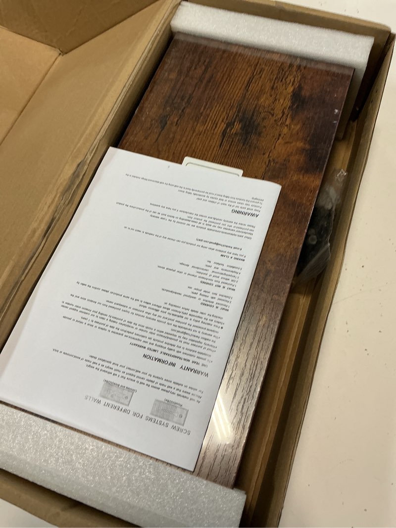 Condition photo showing New/Like New for 16 inch oak floating shelves set of 3, brown wall mounted shelves with hidden brackets, thin floating shelves for wall decor, kitchen bathroom bedroom office