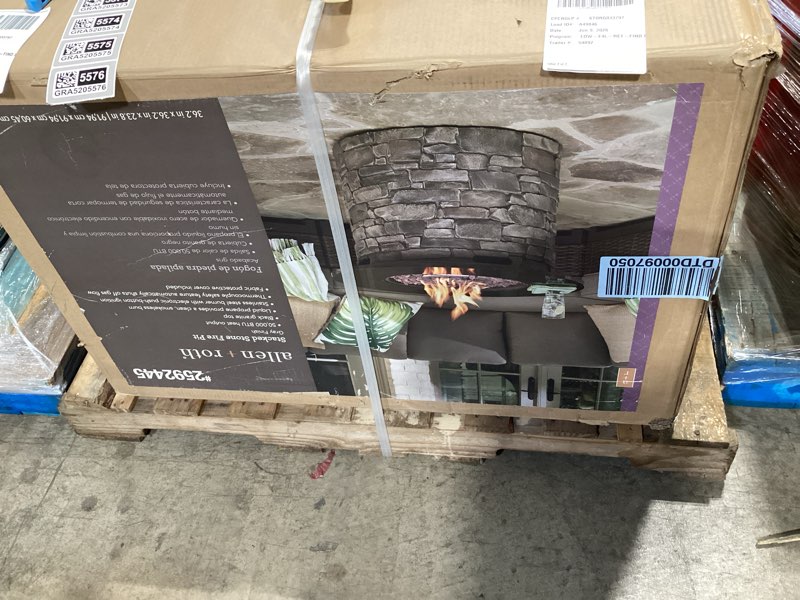 Condition photo showing New/Like New for allen + roth stacked stone fire table 36.2-in w 50000-btu stacked grey stone portable composite propane gas fire table