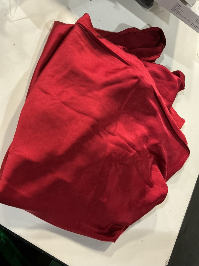 Condition photo showing Good Condition for gmeitoey 2026 satin cap sleeve cowl back summer dresses for women elegant ruched waist wedding guest midi dress medium burgundy