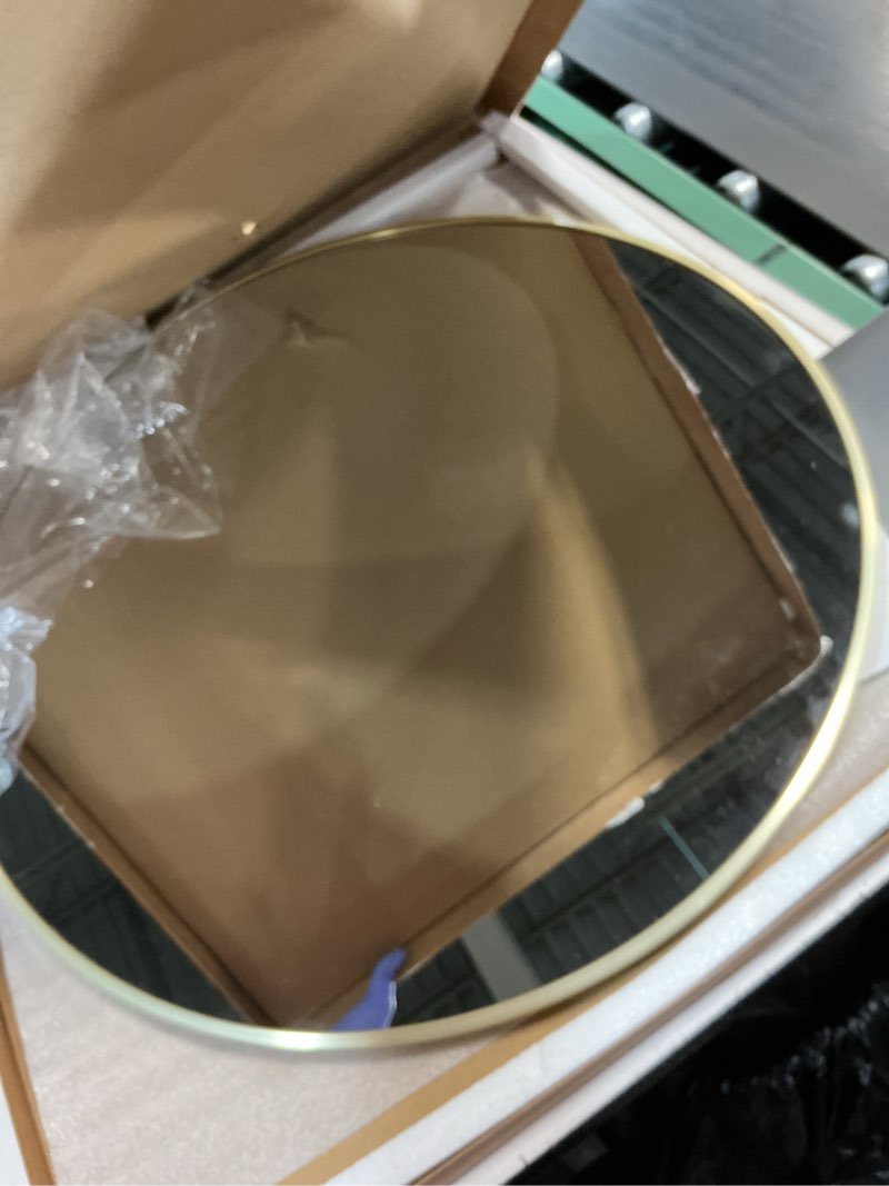 Condition photo showing Good Condition for sweetcrispy 24 inch round wall mirror with tempered glass, bathroom mirror over sink, anti-fog & waterproof round mirrors for bathroom, entryway, bedroom, shatterproof design, gold