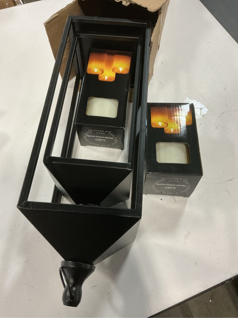 Condition photo showing Good Condition for MATAHUM Modern Farmhouse Lanterns Decorative Indoor & Outdoor, 17" 13" Set of 2 Black Vintage Lantern with Flameless Candles, Metal Christmas Lantern Decor for Room, Porch, Mantle, Patio, Home Decor