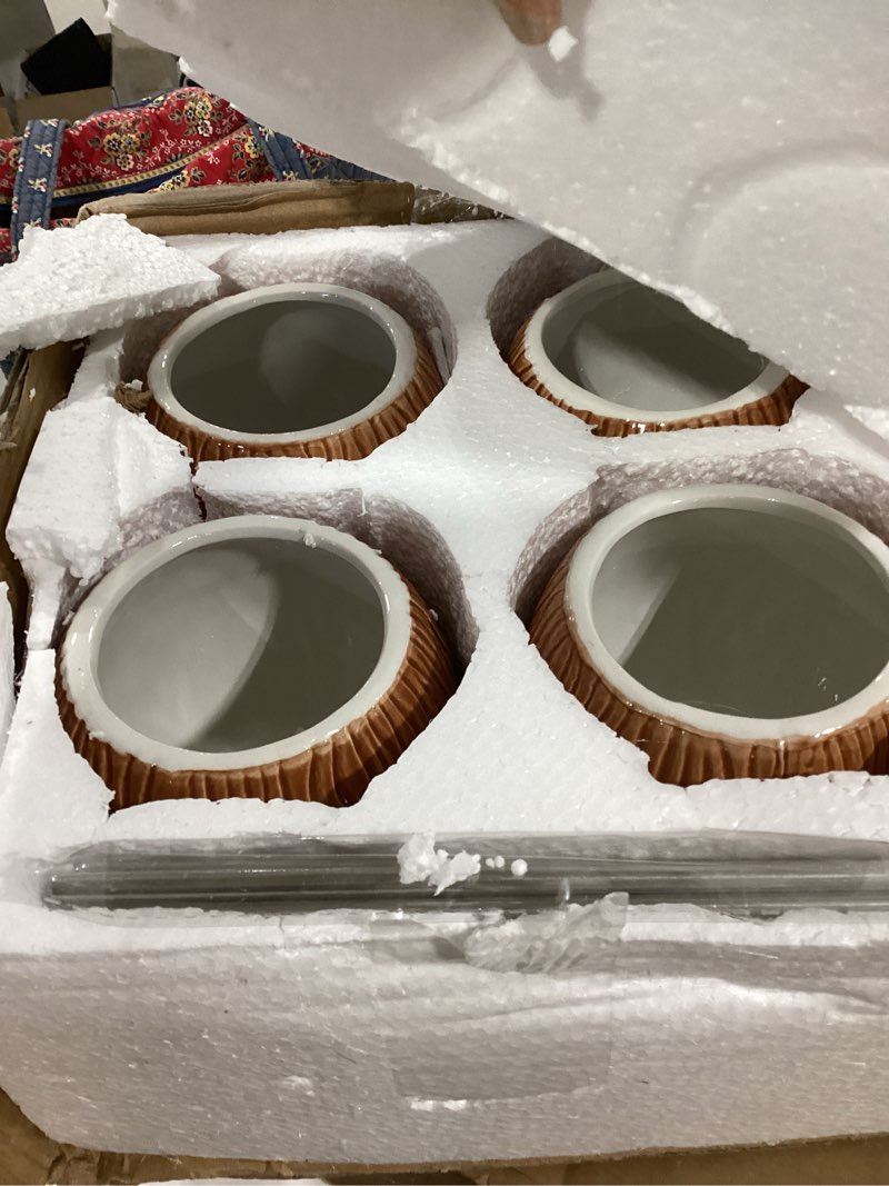 Condition photo showing Good Condition for zenfun 4 pack ceramic tiki mugs, 17 oz coconut mug, hawaiian party mugs, cocktail glasses for gifts, tiki drinking cups for mai tai, pina colada, tiki bar professional barware