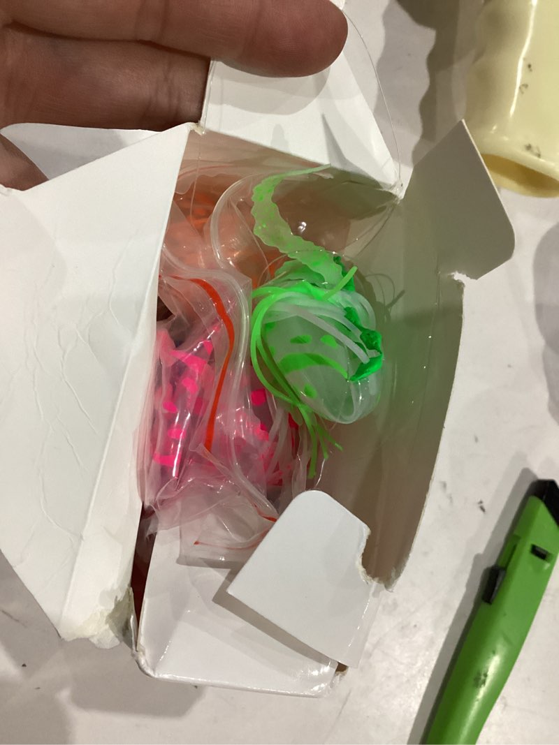 Condition photo showing As Is for 8 pcs neon under the sea party decorations glowing hanging jellyfish decorations glow in the dark ocean fluorescence silicone ceiling jellyfish with fishing line for ocean mermaid birthday party