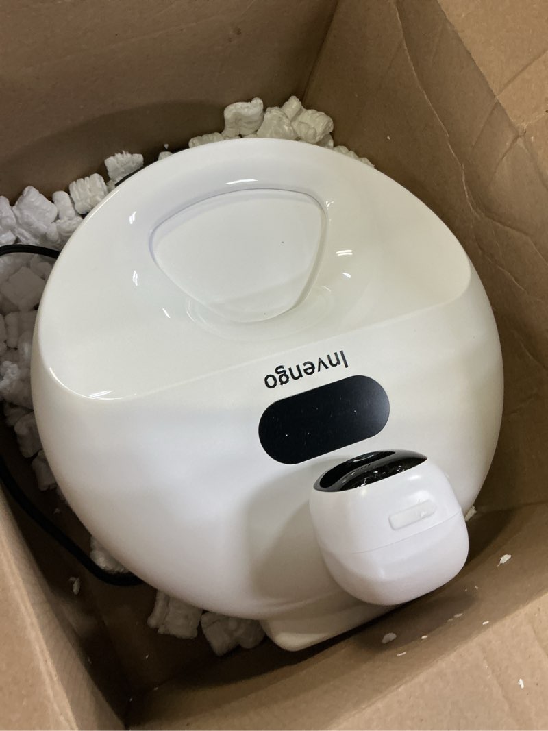 Condition photo showing As Is for automatic wet food cat feeder with 3mp camera, app control, dual semiconductor cooling, heating feeding area, 5 stainless steel trays pet food dispenser white