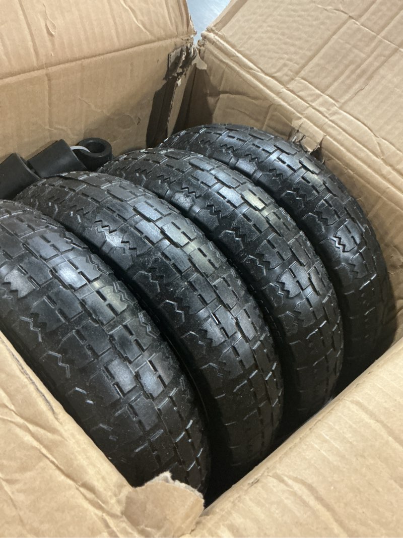 Condition photo showing New/Like New for 13 Inch Flat Free Wheels Tires 4.00-6 Solid Replacement with Universal 5/8" Axle Bore Hole, 16 Spacers and 8 Pins, for Wheelbarrow, Garden Wagon, Hand Truck, Trolley, Lawn Mower, 4 Pack 13" - 4P