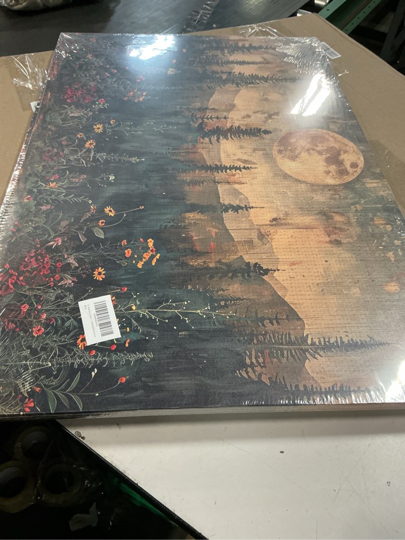 Condition photo showing Good Condition for Full Moon Forest Canvas Wall Art Vintage Moonlit Pine Tree Mountains and Wildflowers Woodland Nature Landscape Picture Wall Decor Poster Print Artwork for Bedroom Living Room Home Decoration