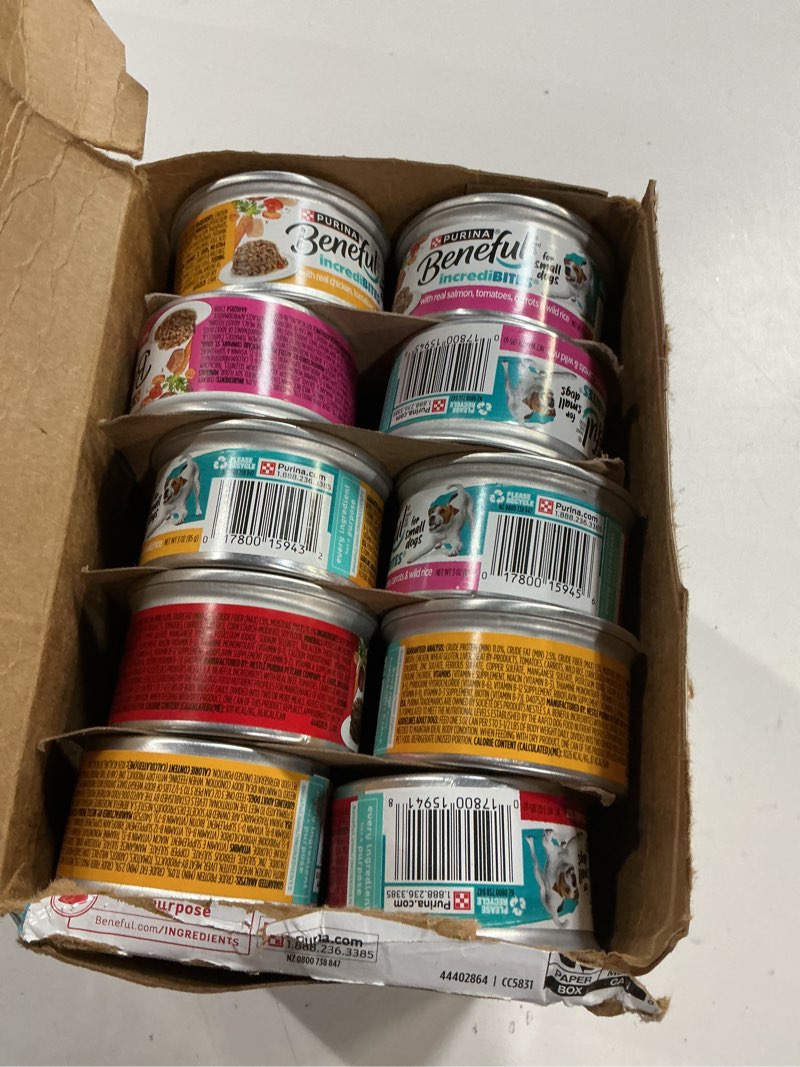 Condition photo showing New/Like New for (Best by dec-2027)Beneful Purina Small Breed Wet Dog Food Variety Pack, IncrediBites With Real Beef, Chicken and Salmon - (Pack of 30) 3 Oz. Cans 3 Ounce (Pack of 30)