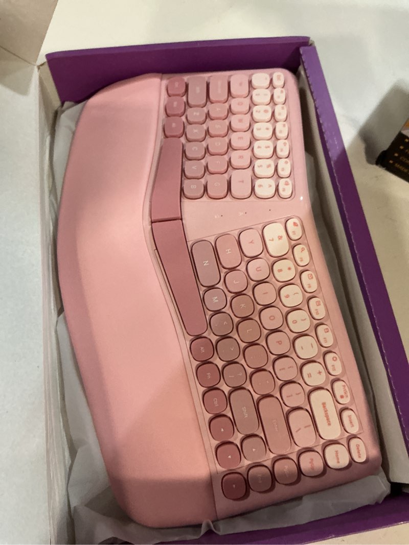 Condition photo showing New/Like New for ergonomic wireless keyboard mouse, mechanical gaming set with wrist rest & otg & brush ideal for windows pc, home, office and college pink light pink
