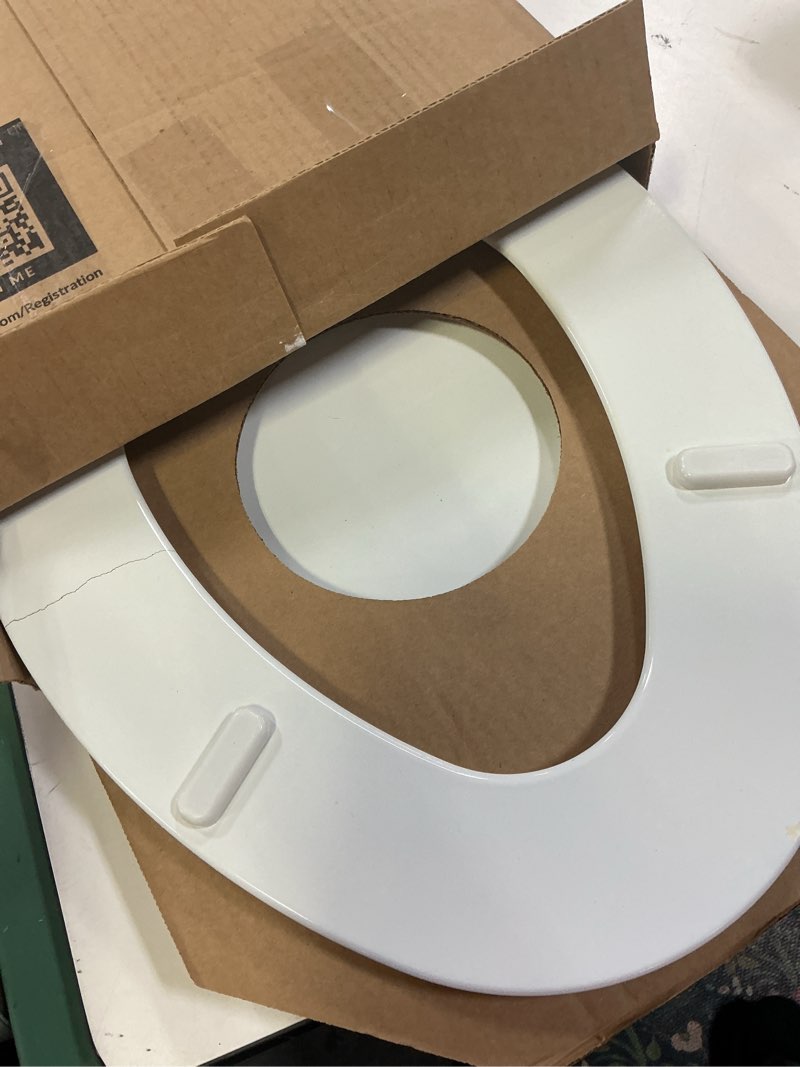 Condition photo showing As Is for mayfair bennett toilet seat with brushed nickel hinges, slow close wood seat, secure metal hinges, easy install, elongated, white elongated brushed nickel