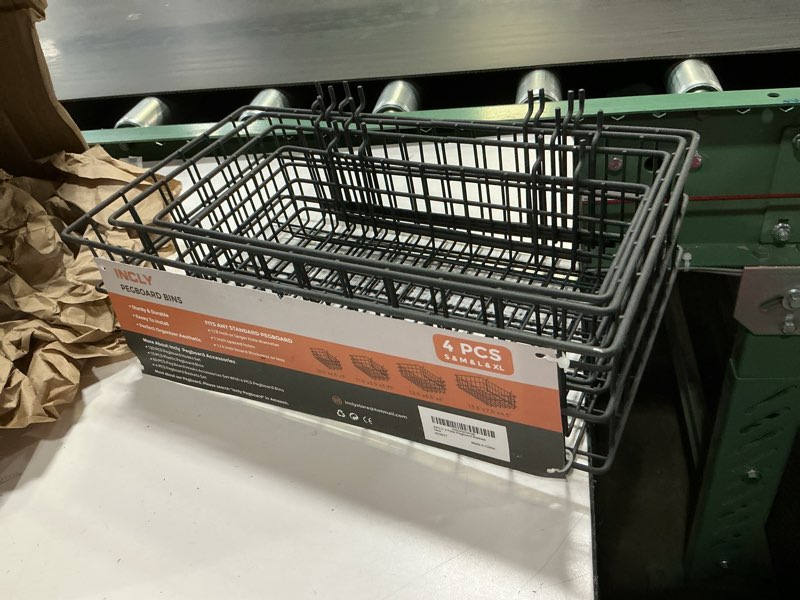 Condition photo showing New/Like New for incly 4 pack pegboard baskets bins set, 4 size square style black metal wire basket for any peg board organizing tools, pegboard accessories for workbench garage wall storage attachments