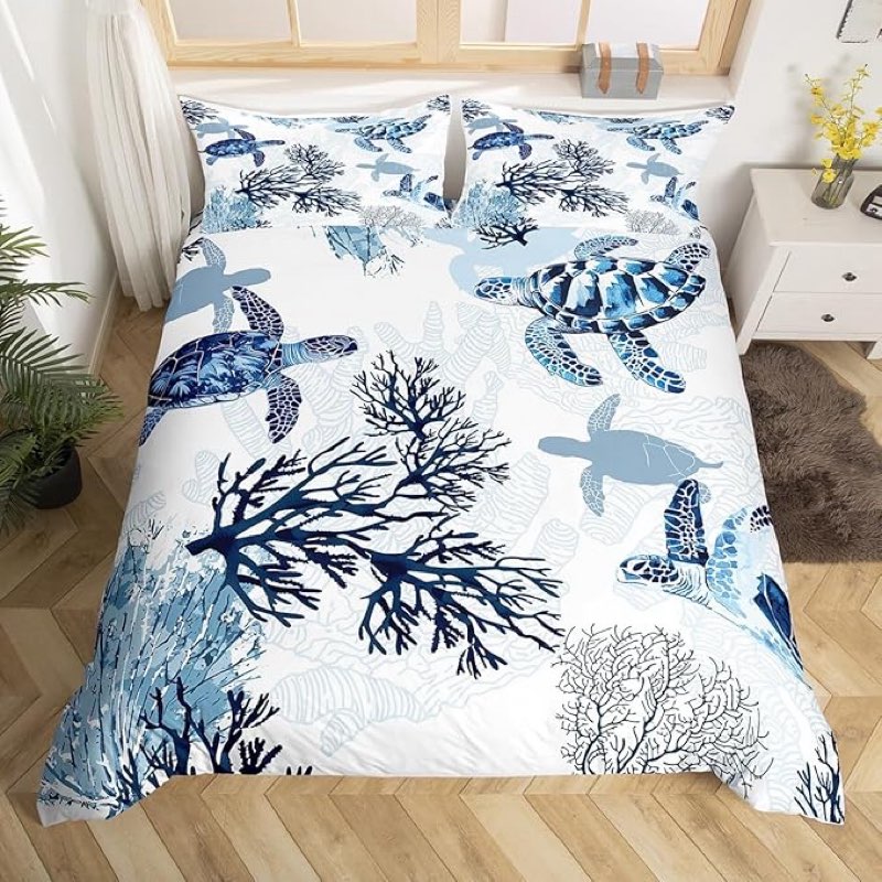 Namoxpa Sea Turtle Comforter Set, White Color 3D Pattern for Kids Teens Adults,Decorative Bedding Co