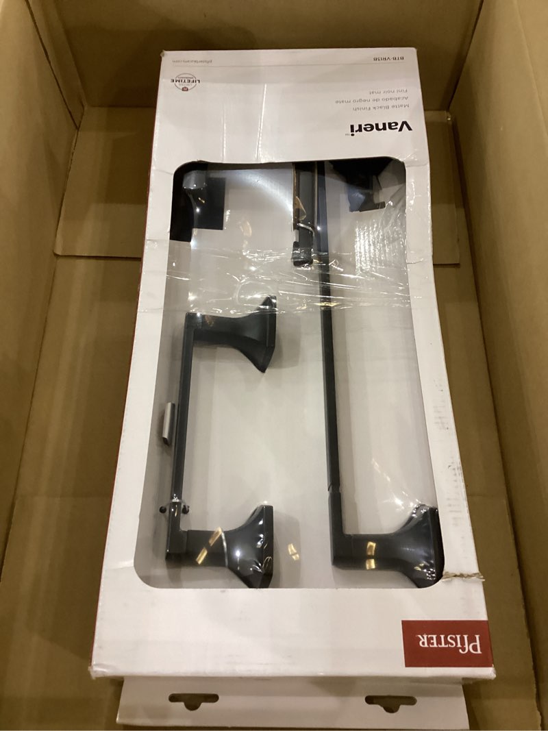 Condition photo showing New/Like New for Pfister Vaneri 3-Piece Bathroom Hardware Set with Towel Bar, Towel Ring, and Toilet Paper Holder, Wall-Mounted, Matte Black Finish, BTBVRI3B