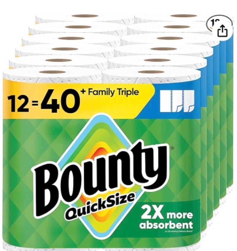 Bounty Quick-Size Paper Towels, White, 12 Family Triple = 12 Regular Rolls
