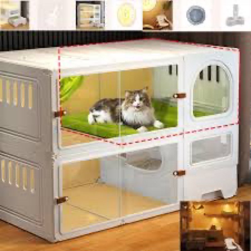 Cat Cage Cat Enclosure with Litter Box & Clear Sliding Door, Expandable Cat Playpen, Detachable Meta