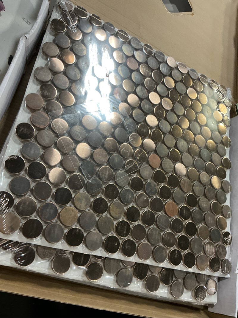 Condition photo showing New/Like New for blujellyfish copper penny round tile wall backsplash accents penny round mosaic tiles for shower floor (box of 5 sheets)
