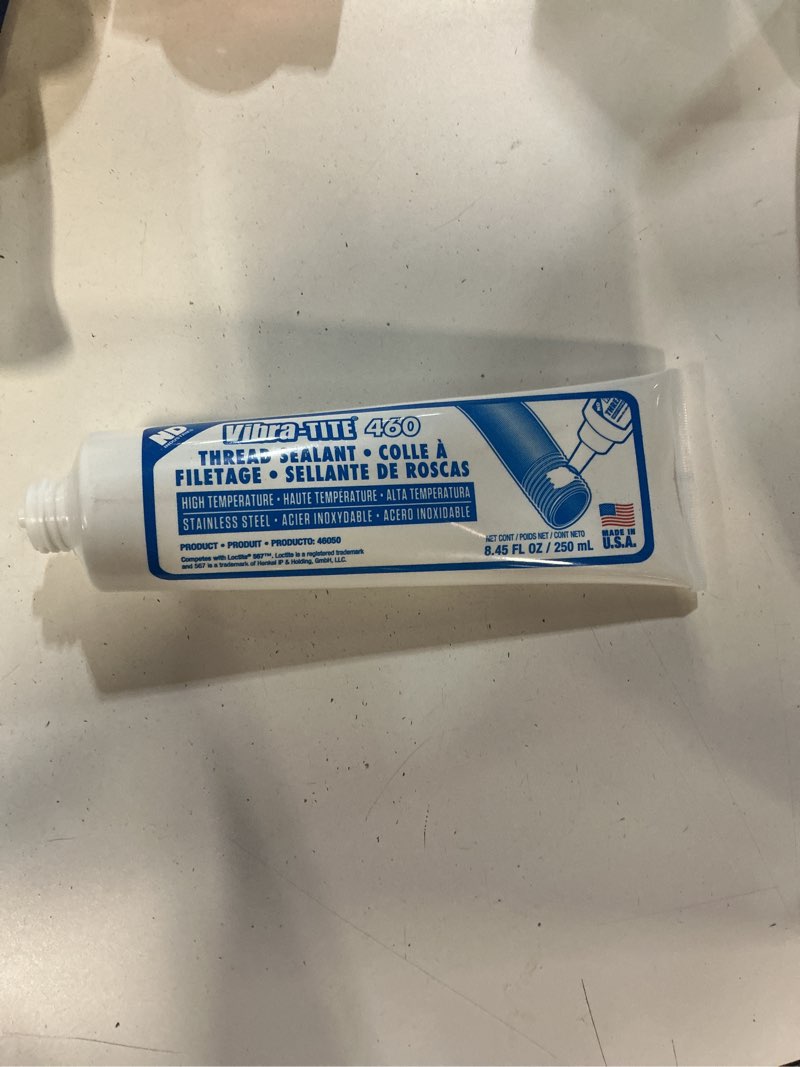 Condition photo showing New/Like New for vibra-tite 460 white general purpose stainless steel anaerobic thread pipe sealant, 250ml tube