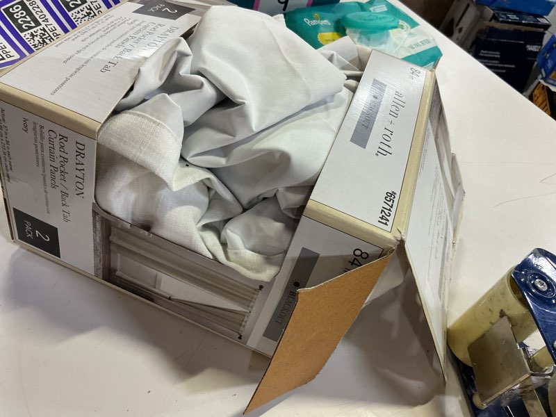 Condition photo showing As Is for allen + roth 84-in ivory blackout interlined back tab curtain panel pair