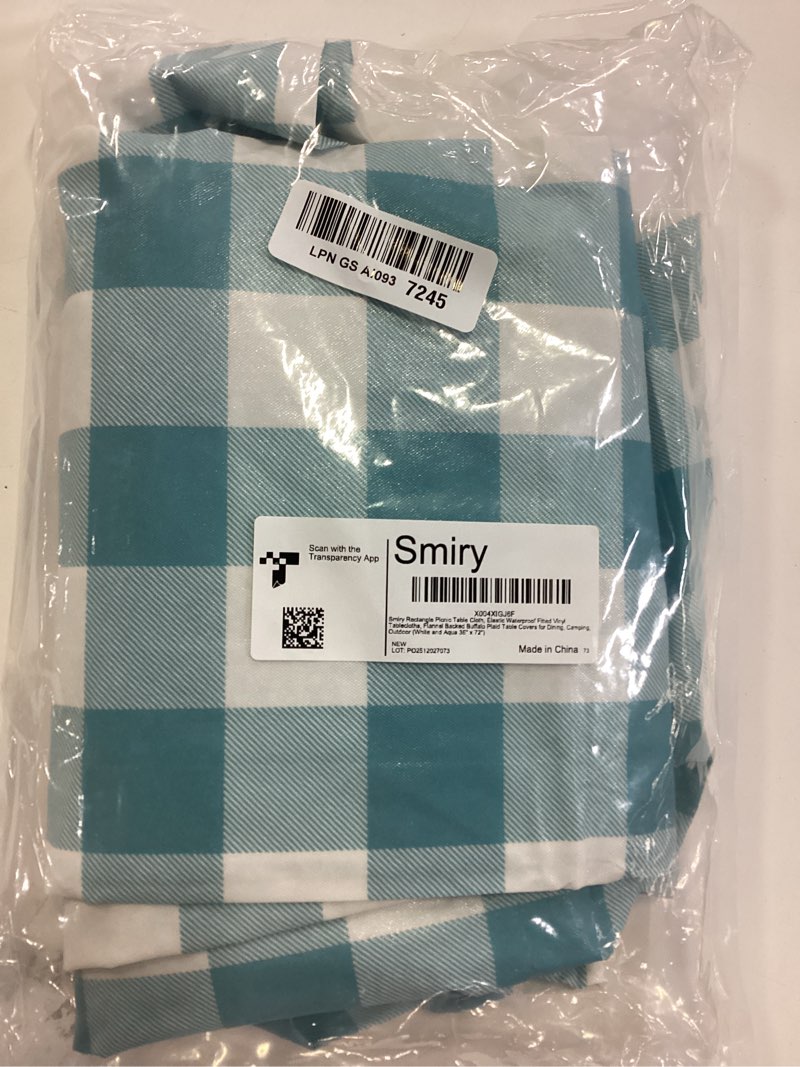 Condition photo showing Good Condition for smiry rectangle picnic table cloth, elastic waterproof fitted vinyl tablecloths, flannel backed buffalo plaid table covers for dining, camping, outdoor (white and aqua 36" x 72") 72" x 36" (rectangular) aqua and white