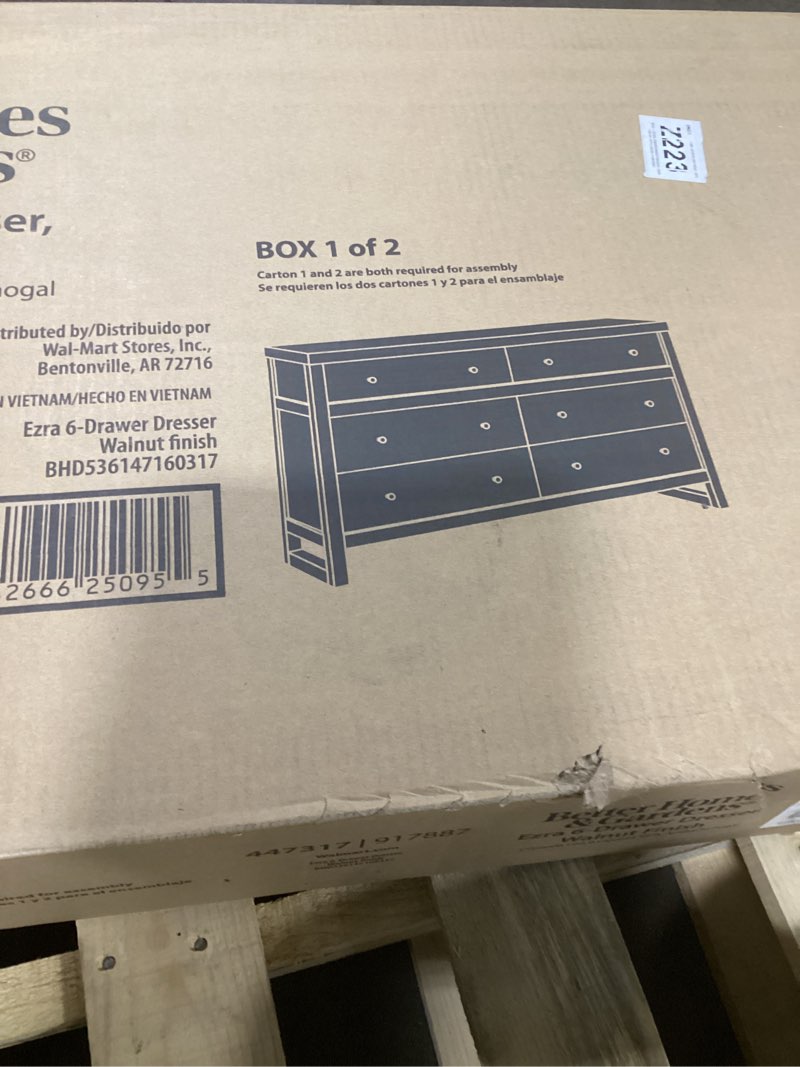 (Incomplete Missing box 2 of 2) Better Homes & Gardens Ezra 64\" Wide 6-Drawer Dresser, Walnut Finish