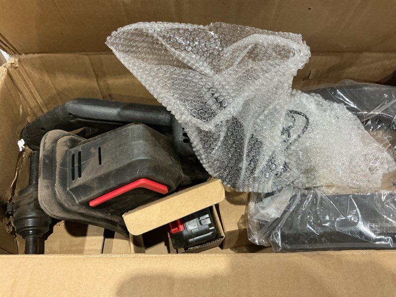 Condition photo showing As Is for cordless electric tiller for gardening, total 8000mah battery powered mini cultivator with 2×4.0ah batteries & charger, 9" width, 6.6" depth, 48 steel tines rototiller for soil cultivation