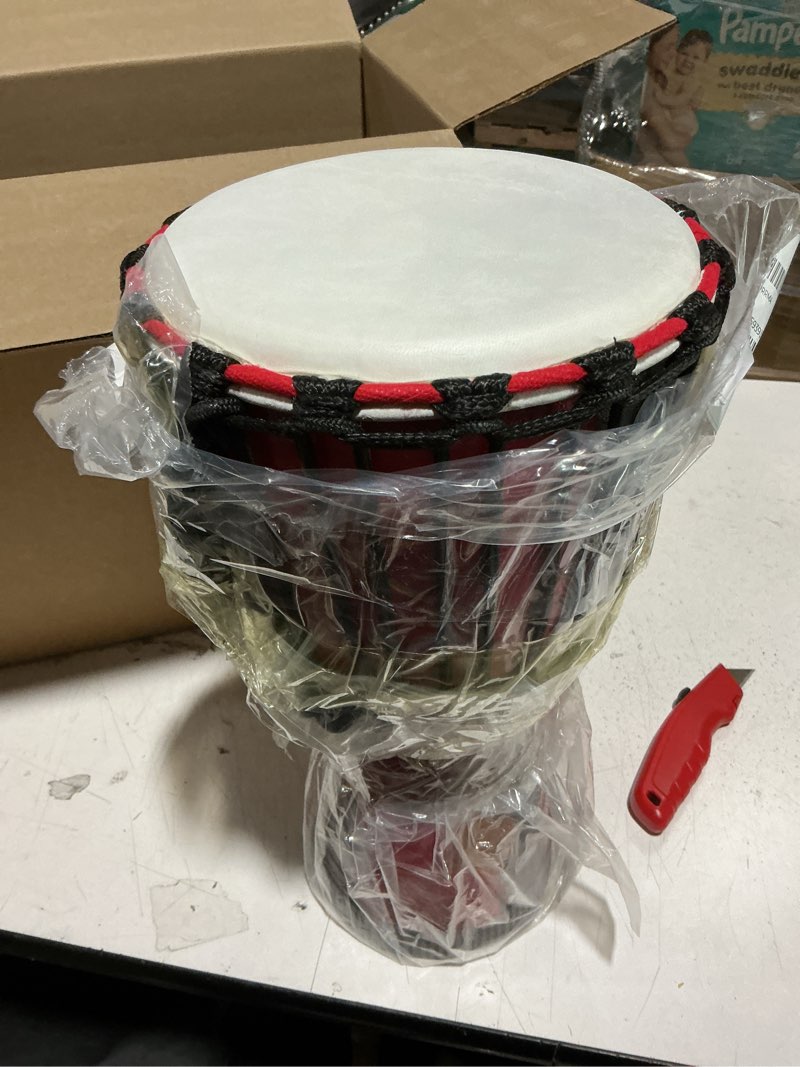Condition photo showing Good Condition for muins djembe drum,8'' x 16'' african hand drum carved mahogany african drums with goatskin drumhead for kids and adults beginners (red dolphin, 8 inch) red dolphin 8 inch