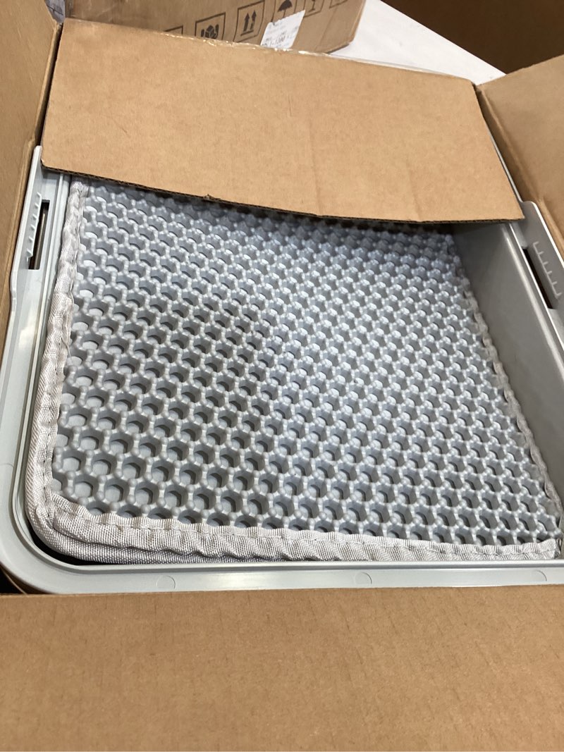Condition photo showing As Is for furtime stainless steel cat litter box with lid, metal kitty litter box for small cats, kitten litter boxs with scoop and mat, non-sticky, anti-leakage, easy to clean, 17"x13"x8.4" (small) silver small