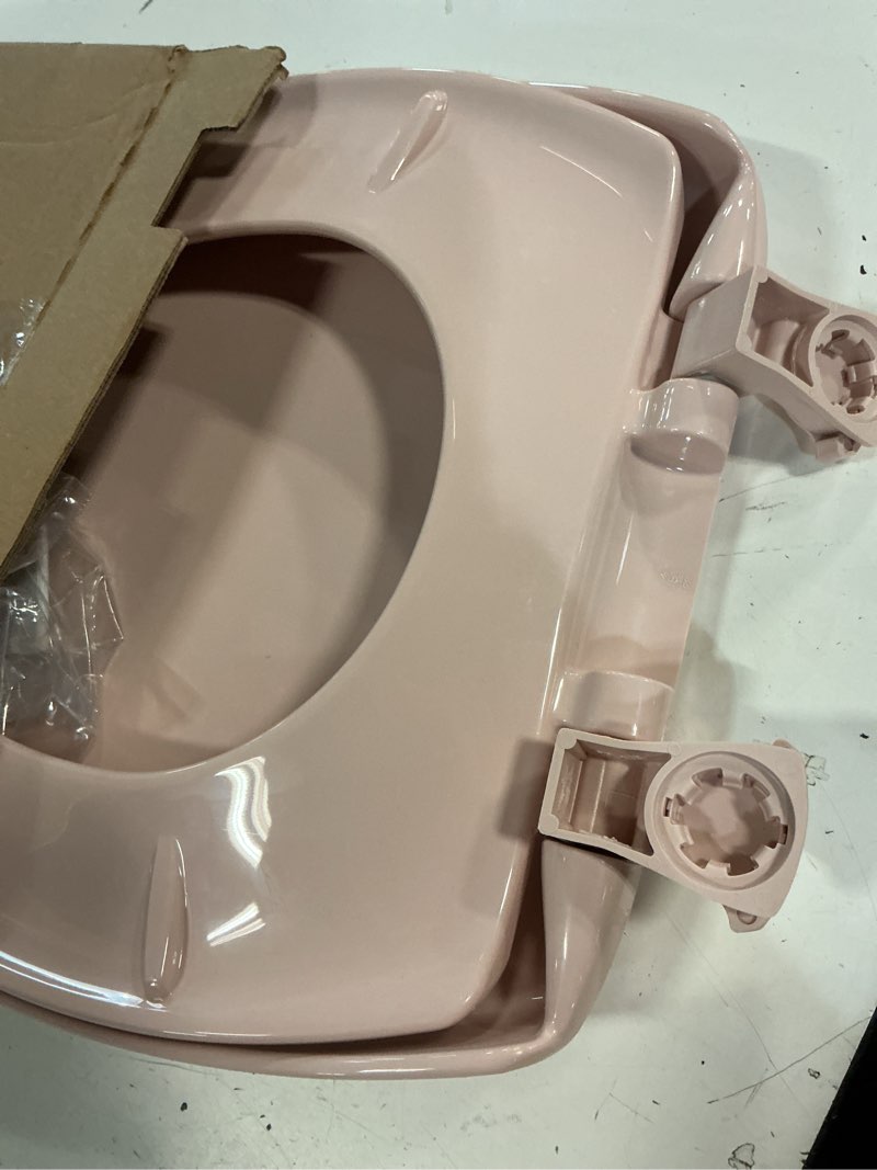 Condition photo showing As Is for bemis classic colors slow close toilet seat, easy clean hinges and durable plastic seat, made in usa, elongated, venetian pink elongated venetian pink