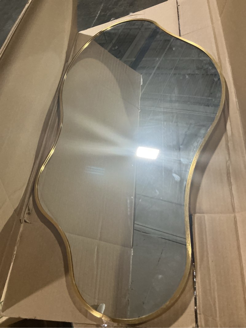 Condition photo showing Good Condition for Irregular Wall Mirror, 24"x43" Gold Abstract Asymmetrical Mirrors for Wall, Decorative Cloud Wavy Mirror for Bathroom, Bedroom, Cloakroom, Entryway, Shatter-Proof Aluminum Alloy Frame 24"L x 43"W A-rose Gold