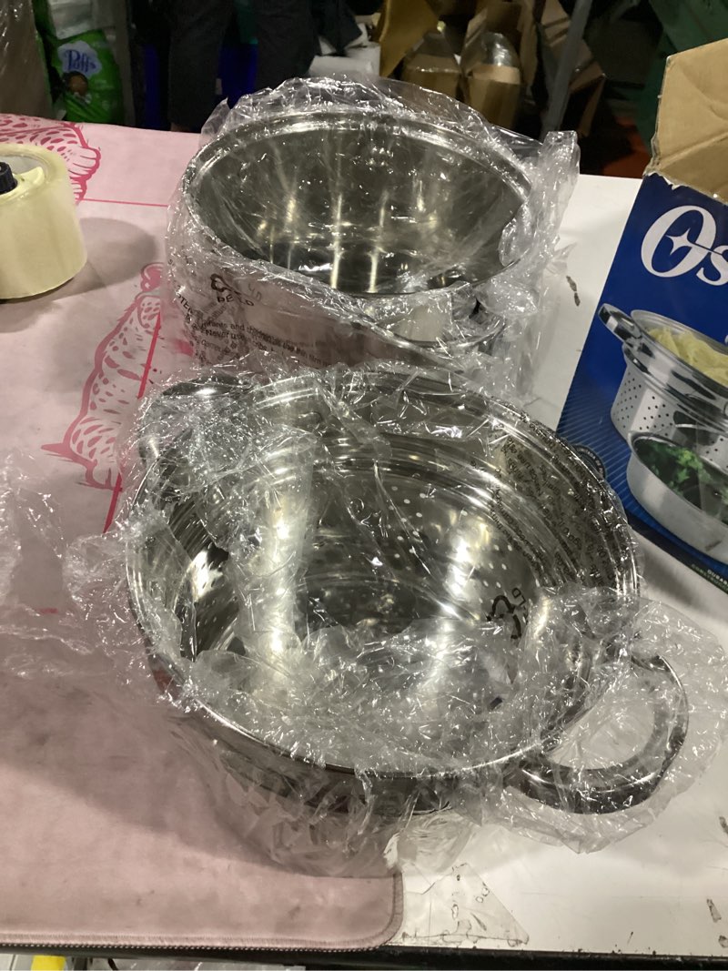 Condition photo showing As Is for (missing one)oster sangerfield 5-quart stainless steel pasta pot set with steamer basket and lid – durable kitchen cookware for boiling and steaming stainless steel 5-quart pasta pot set w/steamer & strainer insert