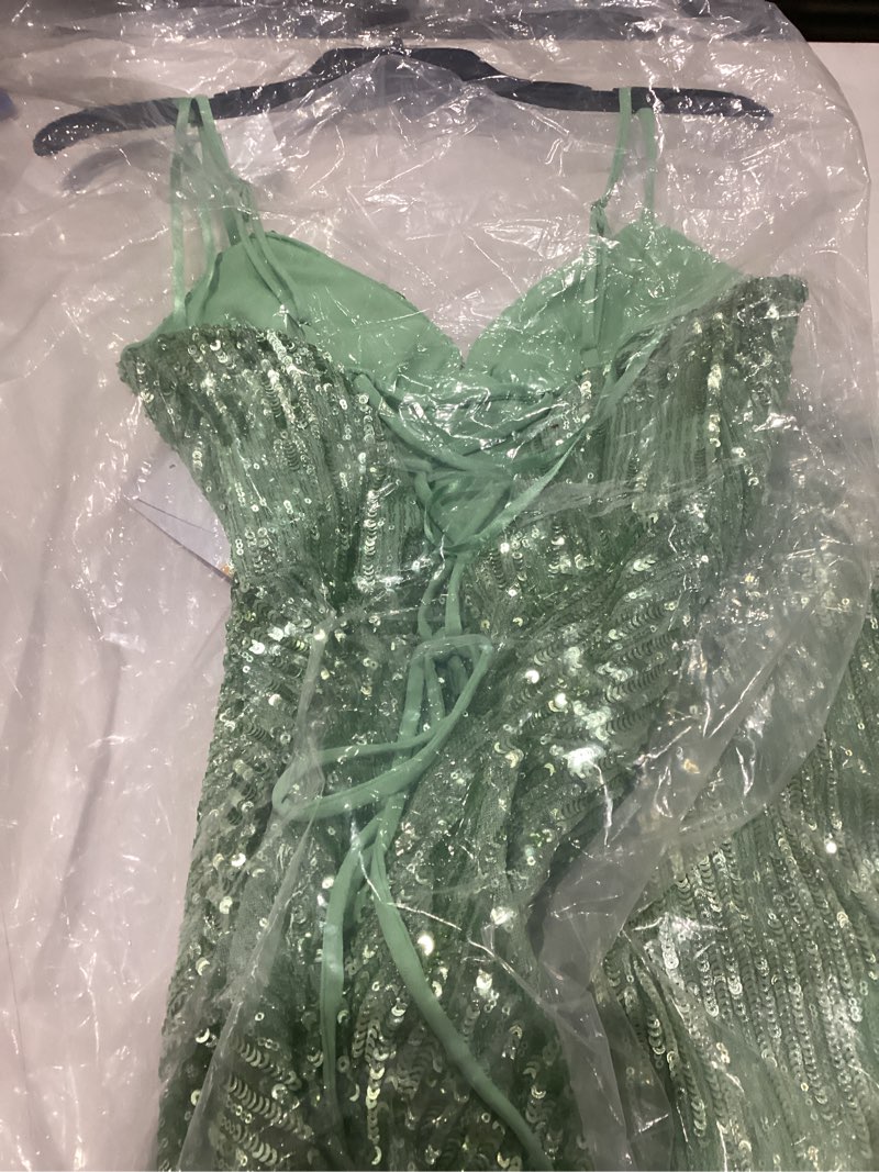 Condition photo showing New/Like New for Violet Weekend Women's Sleeveless Strappy V Neck Stripe Sequin Slim Gown, Sage