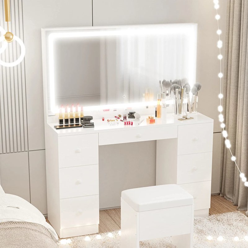 makeup vanity desk with led lighted mirror & power outlet & 7 drawers